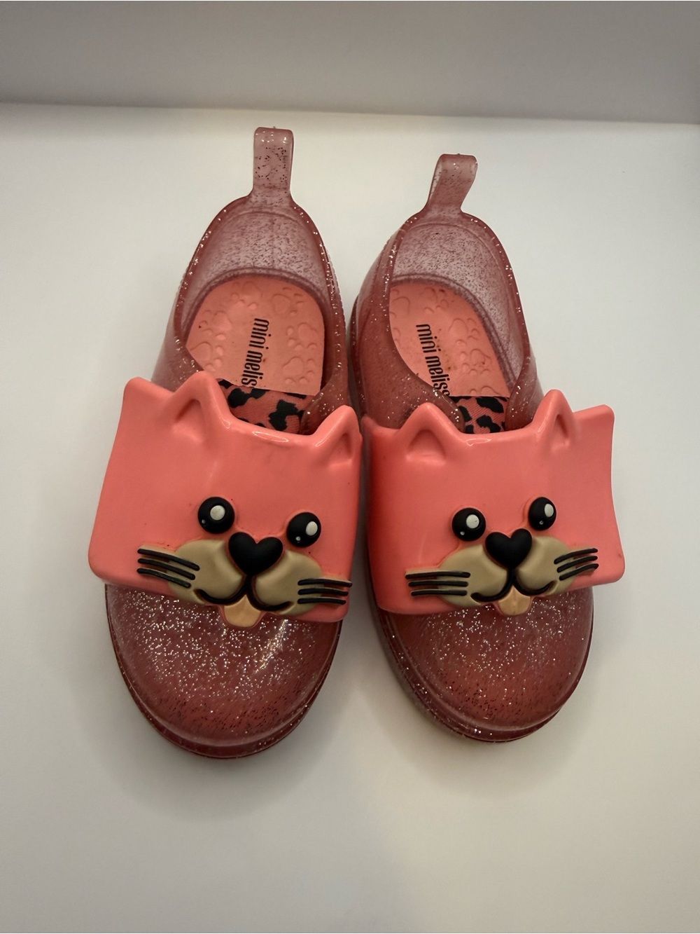 mini melissa Kids Pink Glitter Cat Slip-On Shoes